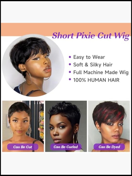 Short Straight Human Hair Pixie Cut Wig With Bangs Full Machine Made Wig main image 6